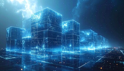 Futuristic digital city skyline with glowing blue skyscrapers