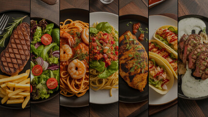 Collage of delicious food dishes featuring steak pasta tacos and more
