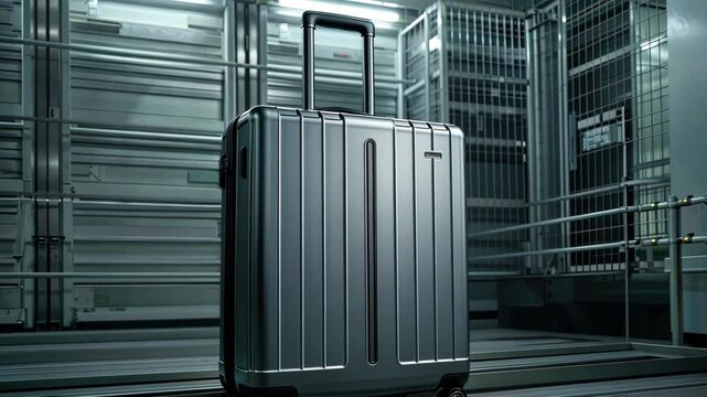 A sleek luggage piece is displayed in a contemporary storage area, highlighting its robust build and modern aesthetics