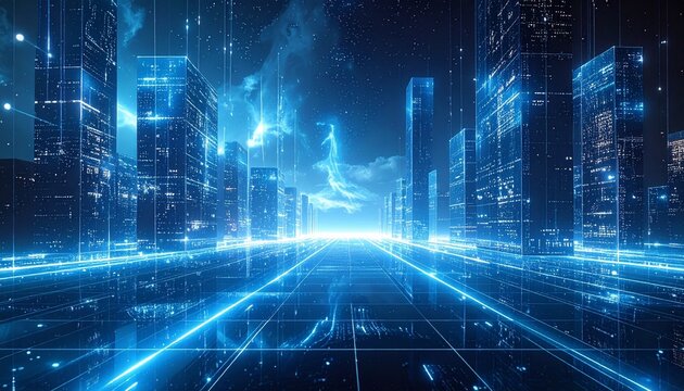 Futuristic cityscape with vibrant neon lights and glowing data streams