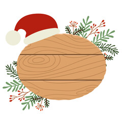 Christmas sign with winter decor and a red cap. Wooden sign in a flat style.