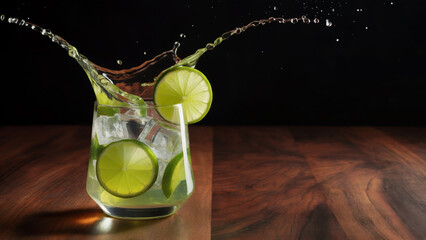 Refreshing lime drink splash with ice and garnish