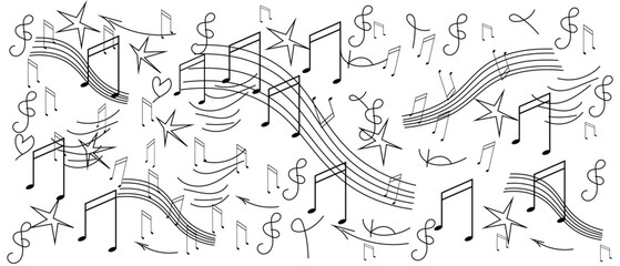 Musical Notes Pattern Background
Melody and Rhythm Line Art Design
Music Notes and Stars Decorative Pattern
Hand-Drawn Musical Elements Wallpaper
Black & White Music Doodle Background.
