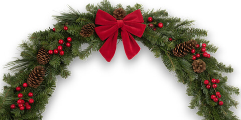 Festive greenery archway adorned with red bow pinecones and berries for a welcoming holiday entrance