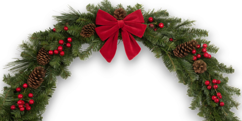 Festive greenery archway adorned with red bow pinecones and berries for a welcoming holiday entrance