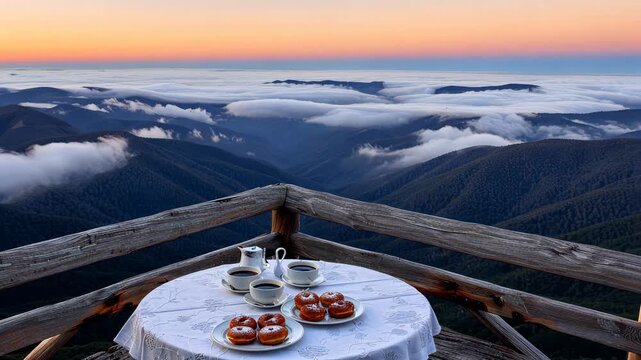 Savor a perfect morning with delicious pastries and steaming coffee while taking in breathtaking mountain views as the sun rises