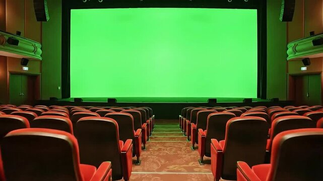 Theater with green screen stage and red seats background for chroma key compositing use 100 char