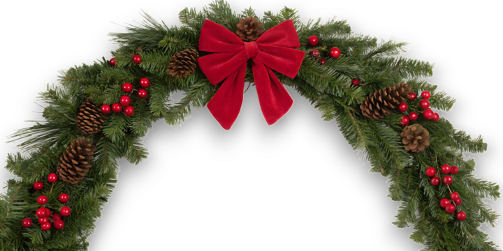 Festive greenery archway adorned with red bow pinecones and berries for a welcoming holiday entrance