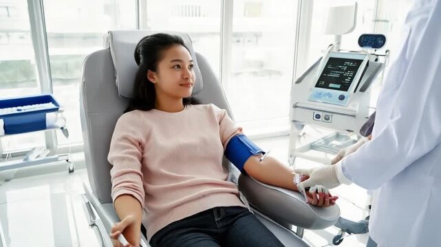 Happy woman donating blood.