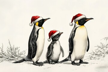 Fototapeta premium Penguin family wearing Santa hat penguins illustration animals.