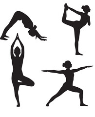 Set of four black silhouettes of a woman practicing yoga poses.