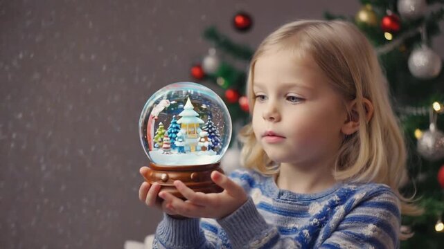 Happy child with a Christmas snow globe.