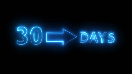 Neon 30 days illustration. Day count number. Neon number with arrow icon.