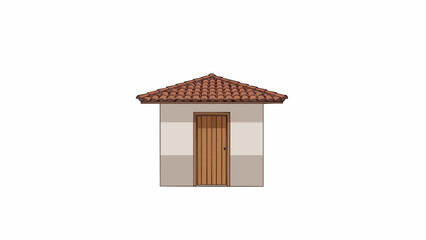 Illustration of a small building with a brown tile roof and a wooden door in the center view