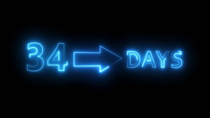 Neon 34 days illustration. Day count number. Neon number with arrow icon.