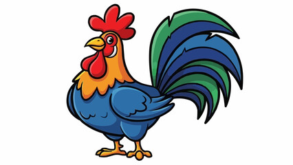 Illustration of a colorful rooster with red comb and wattle standing on its two legs nicely