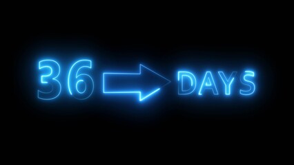 Neon 36 days illustration. Day count number. Neon number with arrow icon.