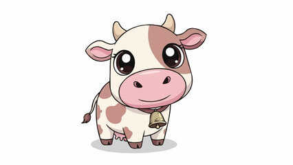 Cartoon cow with a bell collar and large eyes standing on a white background looking forward