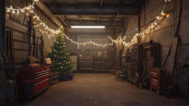 Car workshop decorated for Christmas.
