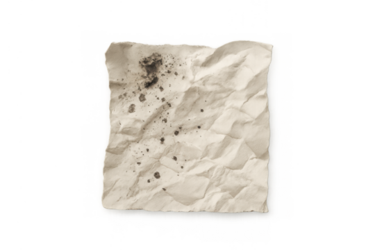 Crumpled beige paper creating a rustic texture, showing stains and burnt edges, isolated on a transparent background