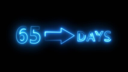 Neon 65 days illustration. Day count number. Neon number with arrow icon.