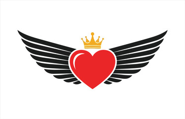 Majestic red heart adorned with a golden crown and spread black wings emblem