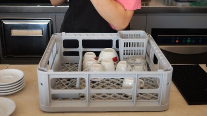 This dishwasher rack securely holds various sizes of plates and cups for efficient cleaning and drying in a busy kitchen environment ensuring hygiene and organization throughout service