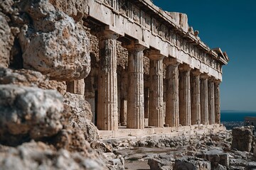 Ancient temple ruins overlooking city and sea high resolution picture