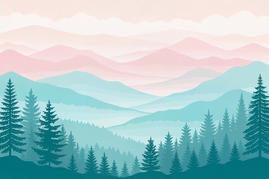 Serene mountain landscape with pine forest and hazy peaks - Powered by Adobe