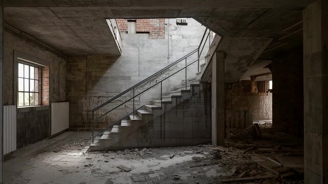 Abandoned concrete interior with exposed stairway and broken walls illuminated by soft natural light in a deteriorated unfinished building space