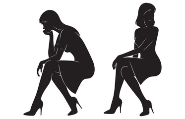 Elegant black silhouettes of two women sitting in dresses and high heels against a white background