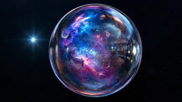 A vibrant galaxy contained within a transparent sphere, set against a dark, starfilled background