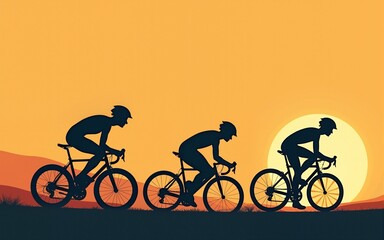 Cycling sport icons with bike racer silhouettes. Road bicycle racing or track cycling vector signs of cyclist men riding bicycles with safety helmets and speed motion trails, sport competition