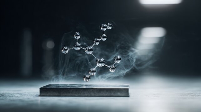 Abstract quantum molecular structure made of chrome and glass, levitating over a smooth metallic platform, cold laboratory lighting, subtle fog, high