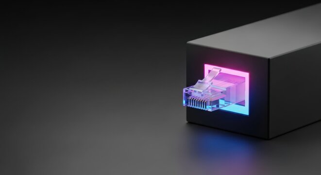 Glowing port with cable for communication technologies, data transmission infrastructure shown. Port and cable provide connection solutions, networking technologies are vital for modern connectivity. - Powered by Adobe
