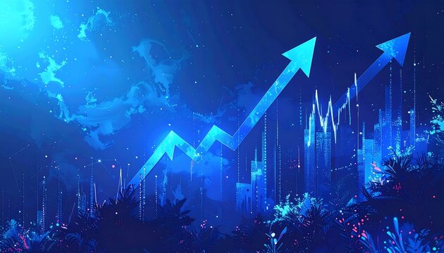 Blue city growth Arrows ascend amidst an abstract cityscape under a vibrant, cloudy sky