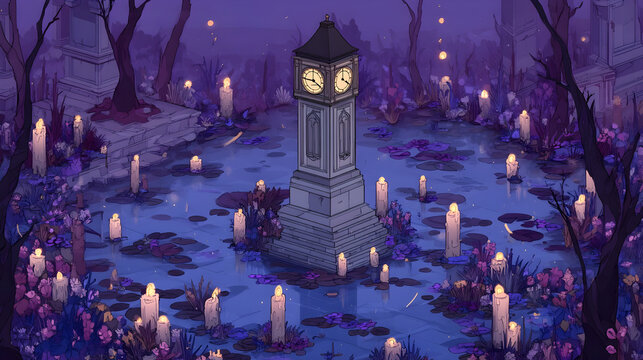 Clock tower rising from a swamp at night, mystical candles - Powered by Adobe