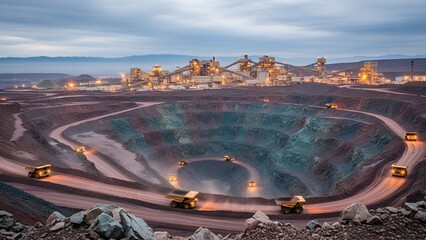 Aerial view of a large open-pit mine illuminated at dusk with industrial buildings
