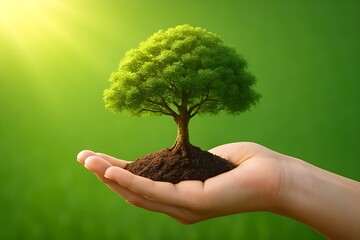 hand holding big tree growing on green background with sunshine