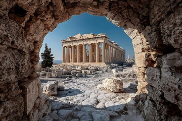 Archeological Parthenon view framed by ancient entrance high resolution picture