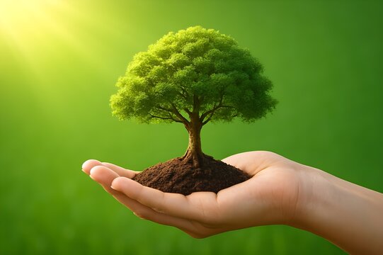 hand holding big tree growing on green background with sunshine - Powered by Adobe