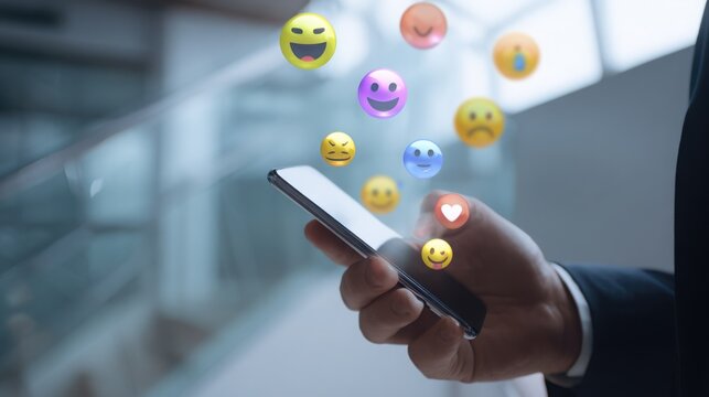 Close up of a businessman s hand holding a smartphone in a sleek corporate office, minimalistic glass background, vibrant message and reaction emojis - Powered by Adobe