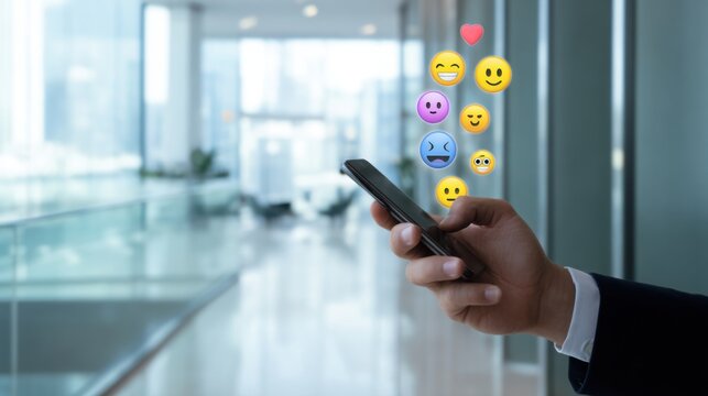 Close up of a businessman s hand holding a smartphone in a sleek corporate office, minimalistic glass background, vibrant message and reaction emojis