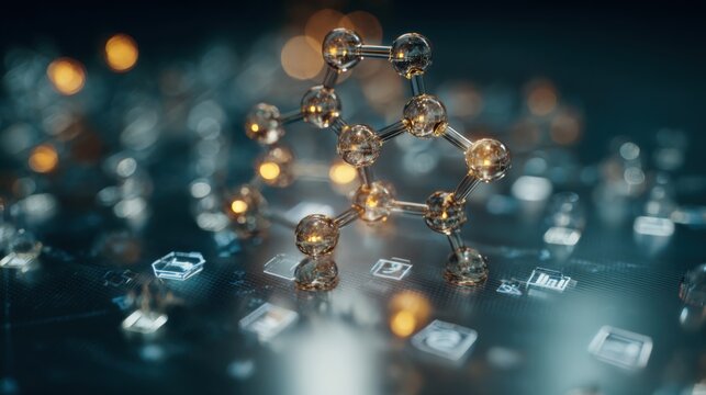 Close up of a holographic molecular network projected from a luxury foldable smartphone, user interface elements around it, premium clean setting