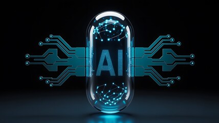 Futuristic ai capsule with glowing circuits and digital data concept
