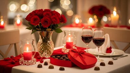 Romantic Valentines Day candlelit dinner with roses and chocolate