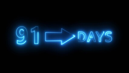Neon 91 days illustration. Day count number. Neon number with arrow icon.