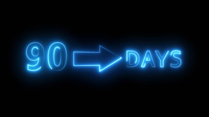 Neon 90 days illustration. Day count number. Neon number with arrow icon.