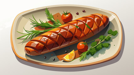 Very beautiful semi-realistic vector illustration of a grilled sausage shown from a top-view flat lay, featuring golden-brown grill marks, rich texture, and clean isolated presentation on a white back