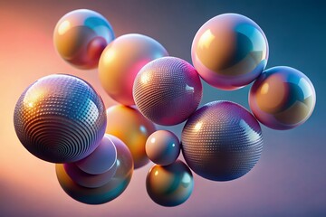 Abstract collection of iridescent spheres with textured surfaces